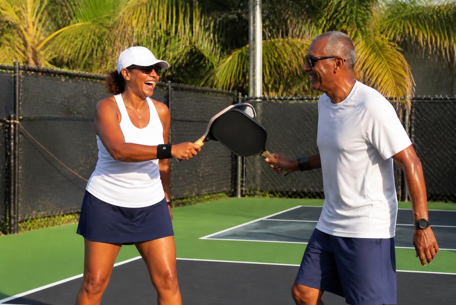 Doubles partners mid-match at The Kitchen Pickleball Club