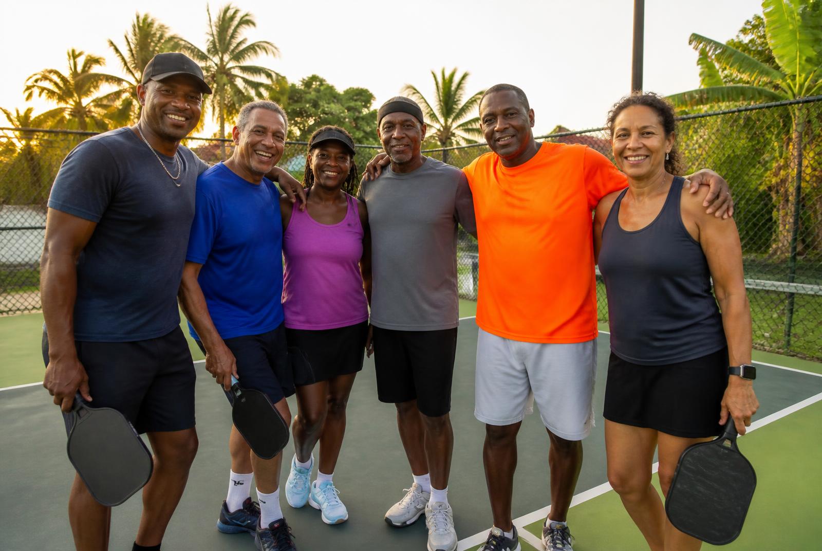 The Kitchen Pickleball Club crew celebrating a win with a paddle tap