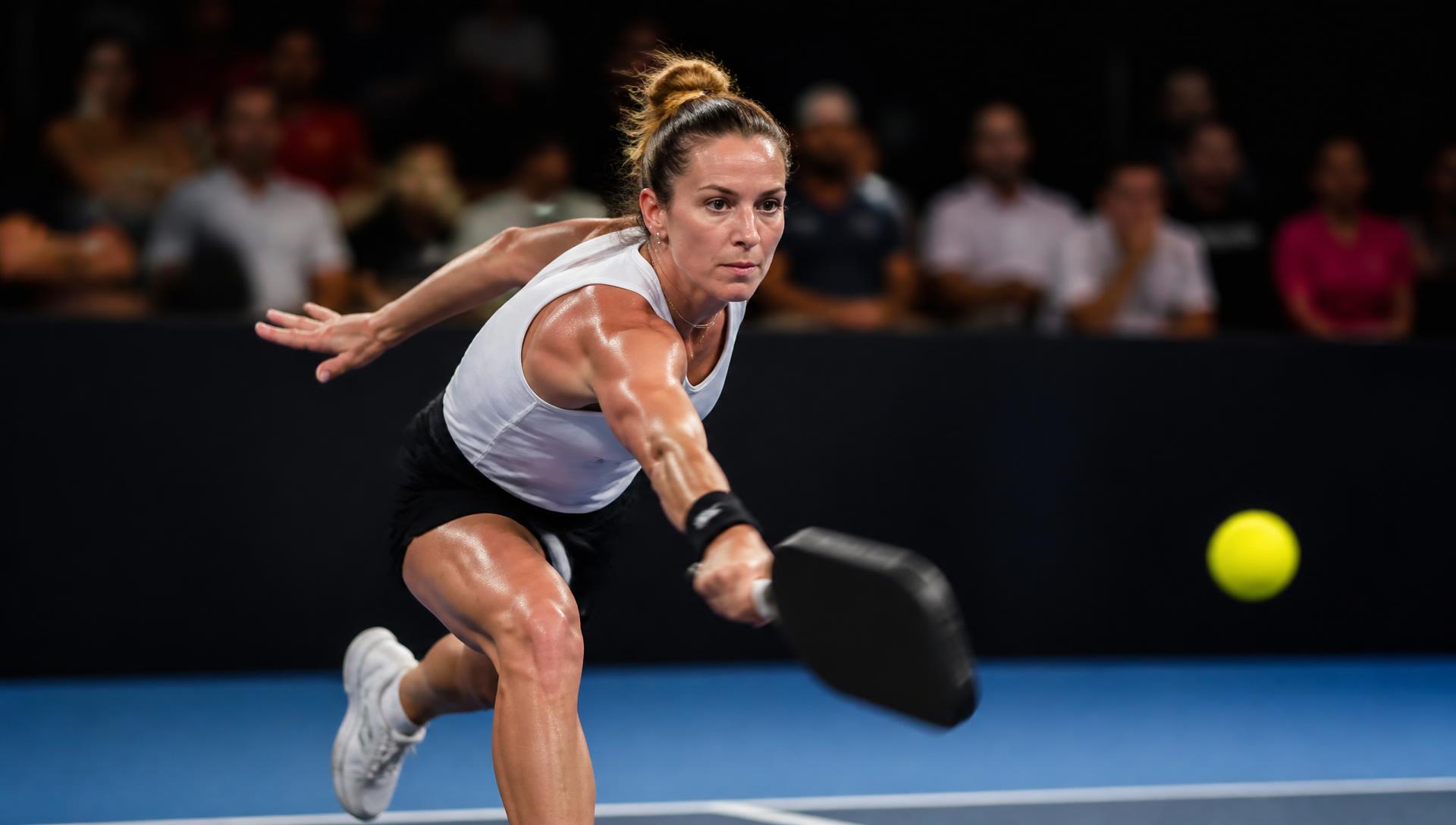 Player lunging for a low volley during a competitive match
