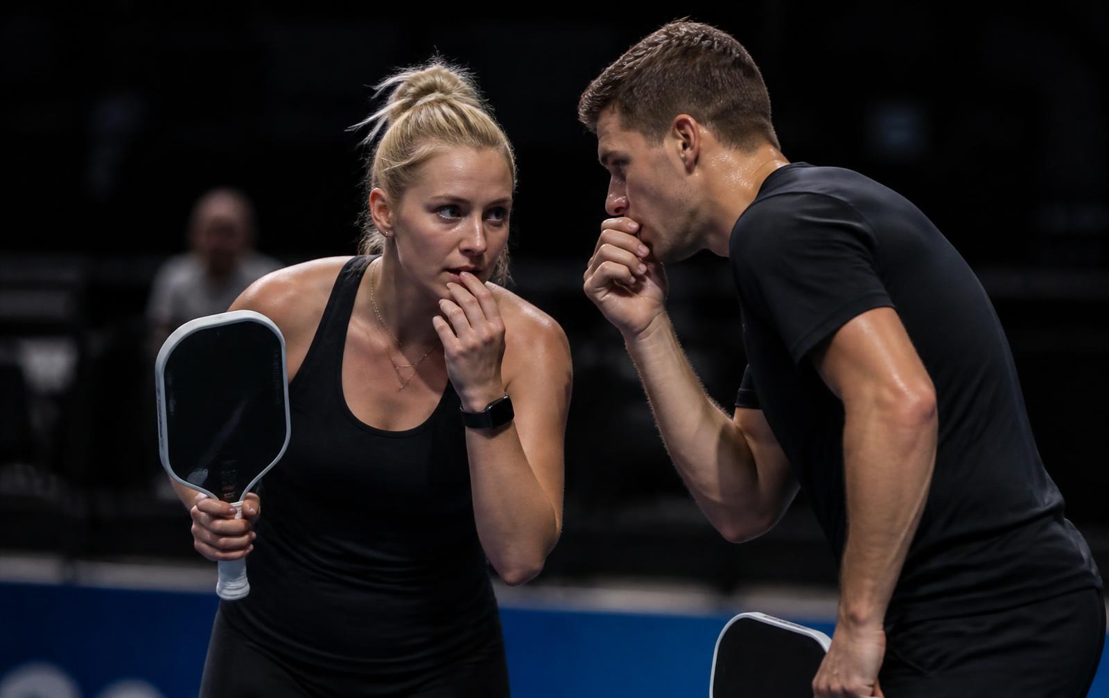 Doubles partners talking tactics between points