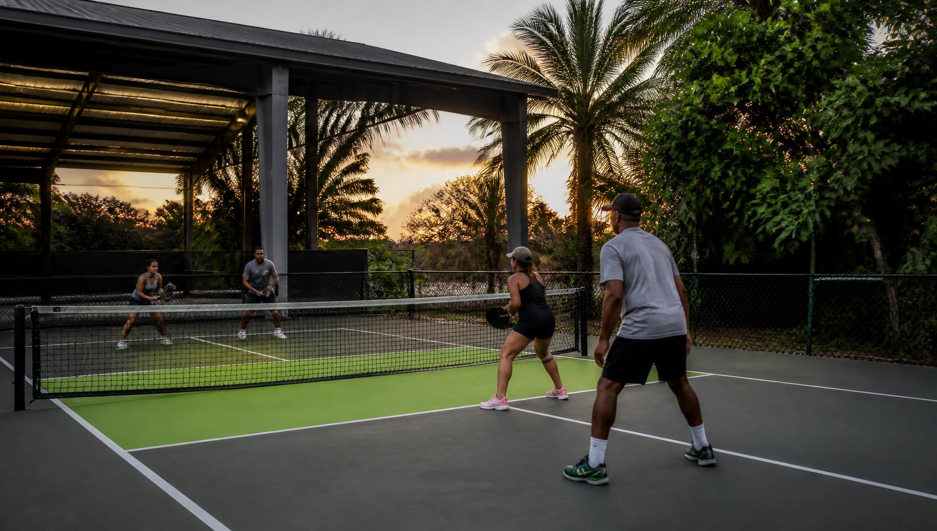 Golden-hour doubles rally at The Kitchen Pickleball Club