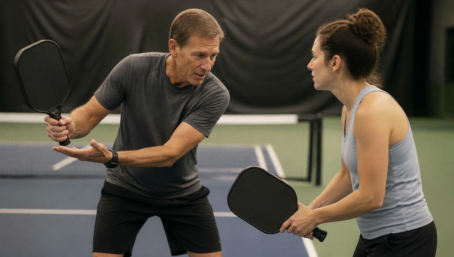 Instructor demonstrating a paddle grip and stance to a player