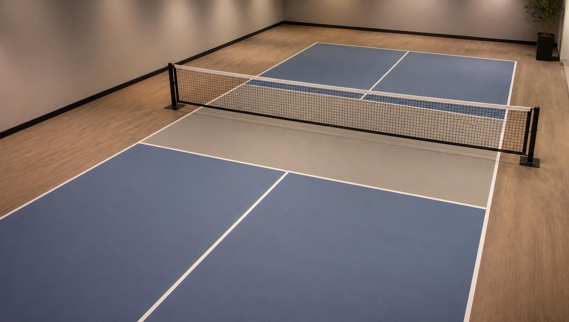 Indoor pickleball court showing the net, service courts and non-volley zone