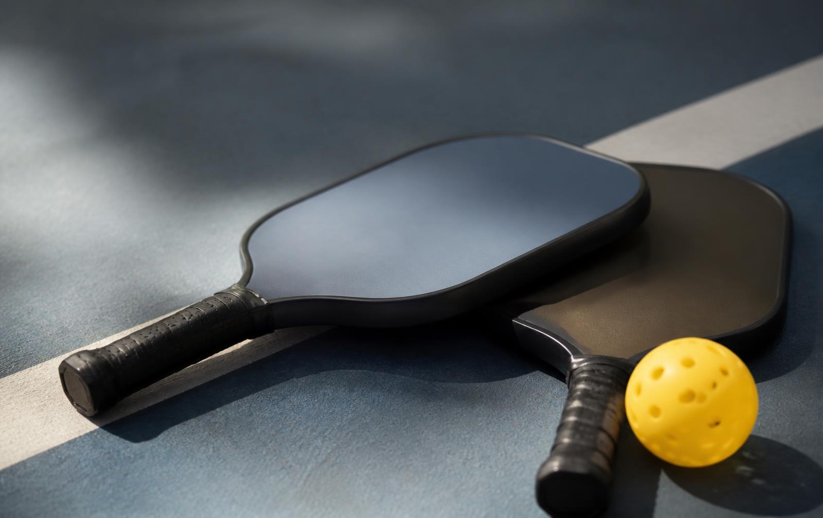 Two pickleball paddles and a ball on a court surface
